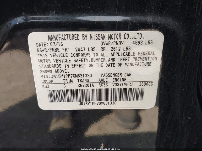 2016 Infiniti Q70L 3.7 VIN: JN1BY1PP7GM631330 Lot: 44952465