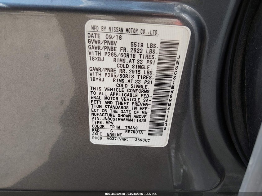 2017 Infiniti Qx70 VIN: JN8CS1MW6HM411438 Lot: 44952528