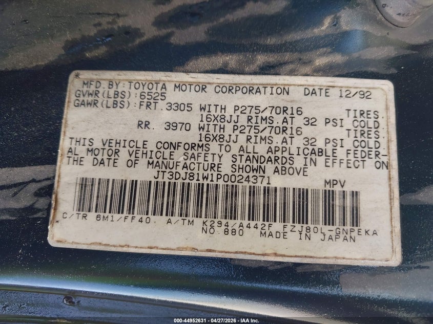 1993 Toyota Land Cruiser Dj81 VIN: JT3DJ81W1P0024371 Lot: 44952631