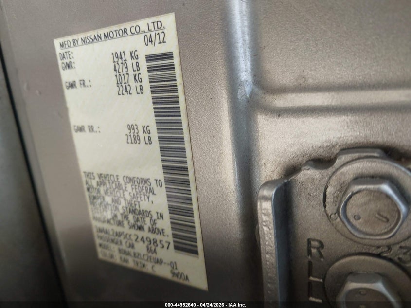 2012 NISSAN ALTIMA SEDAN 2.5L I-4 DOHC, VVT, 175HP