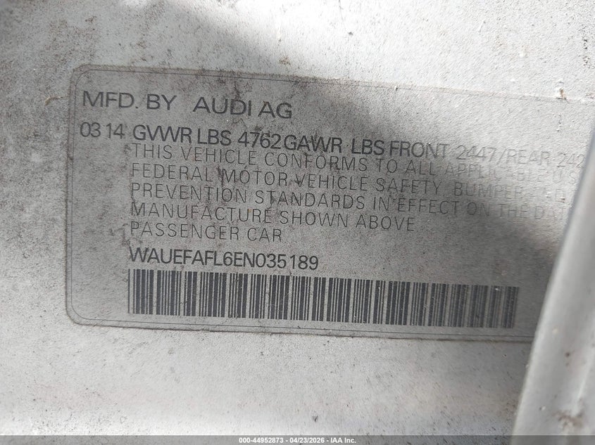 2014 Audi A4 2.0T Premium VIN: WAUEFAFL6EN035189 Lot: 44952873