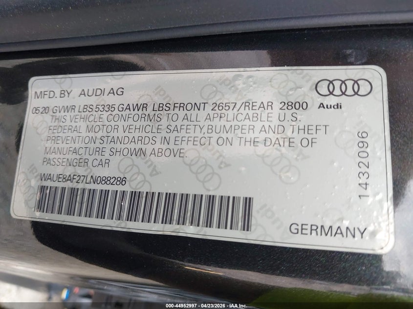 2020 Audi A6 Premium Plus 45 Tfsi Quattro S Tronic VIN: WAUE8AF27LN088286 Lot: 44952997