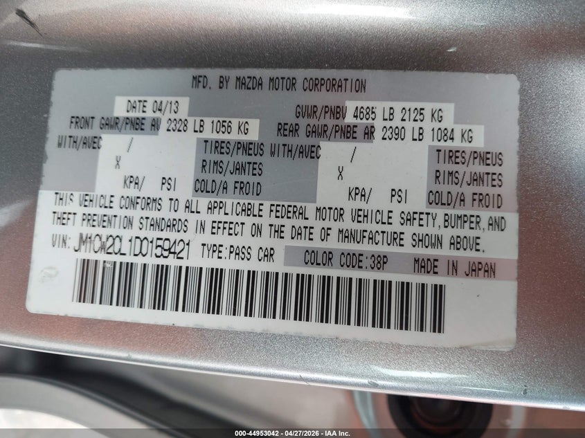 2013 Mazda Mazda5 Touring VIN: JM1CW2CL1D0159421 Lot: 44953042