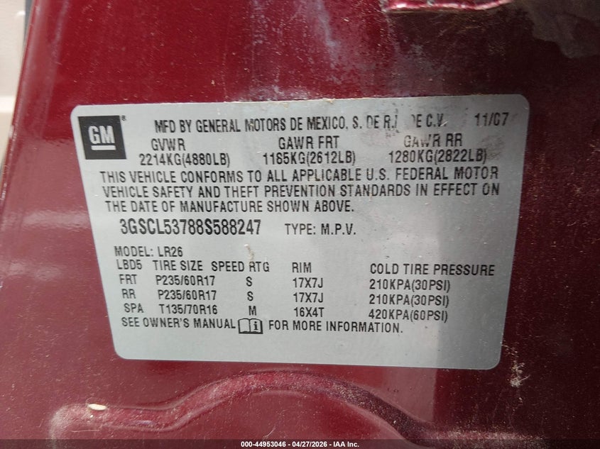 2008 Saturn Vue V6 Xr VIN: 3GSCL53788S588247 Lot: 44953046