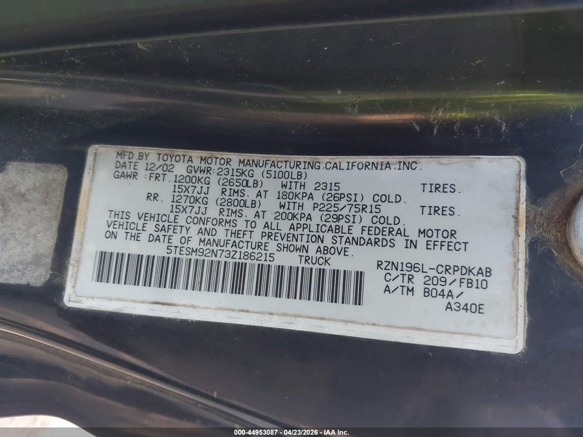 2003 Toyota Tacoma Prerunner VIN: 5TESM92N73Z186215 Lot: 44953087