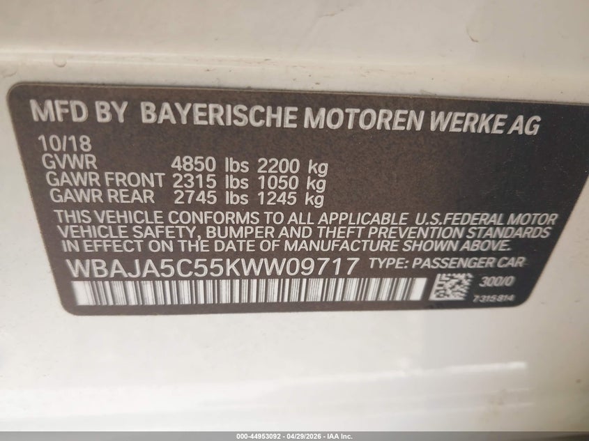VIN WBAJA5C55KWW09717 2019 BMW 530I
