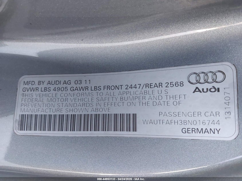 2011 Audi A5 2.0T Prestige VIN: WAUTFAFH3BN016744 Lot: 44953133