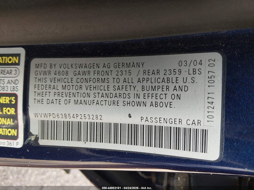 2004 Volkswagen Passat Gls VIN: WVWPD63B54P253282 Lot: 44953181