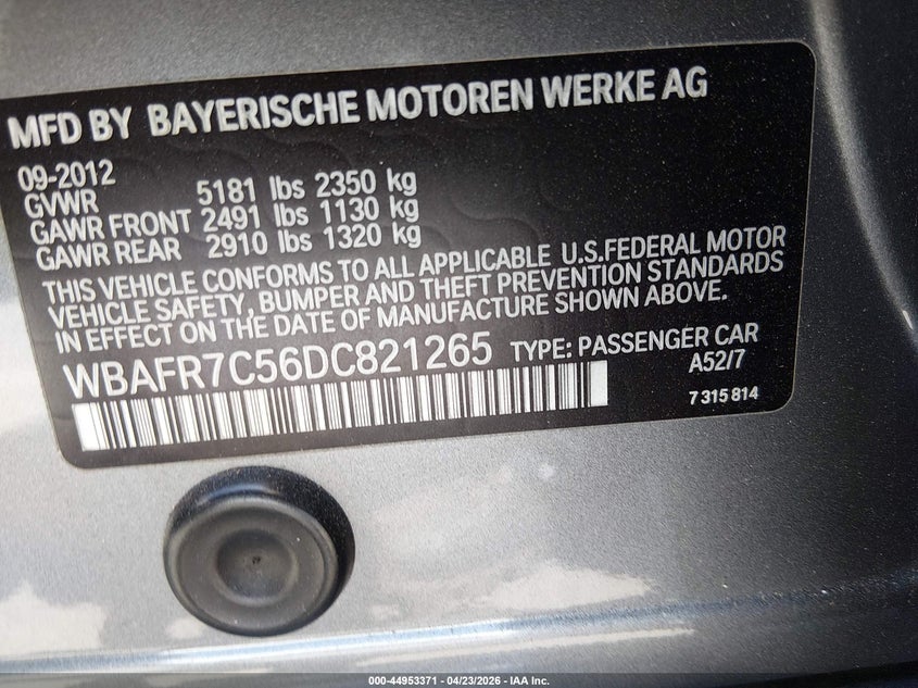 2013 BMW 535I VIN: WBAFR7C56DC821265 Lot: 44953371