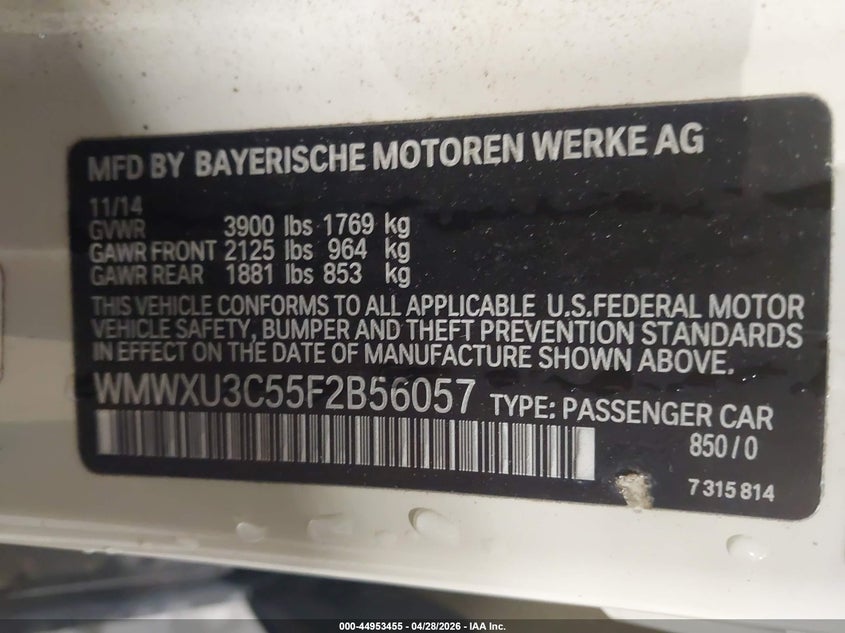 2015 Mini Hardtop Cooper S VIN: WMWXU3C55F2B56057 Lot: 44953455