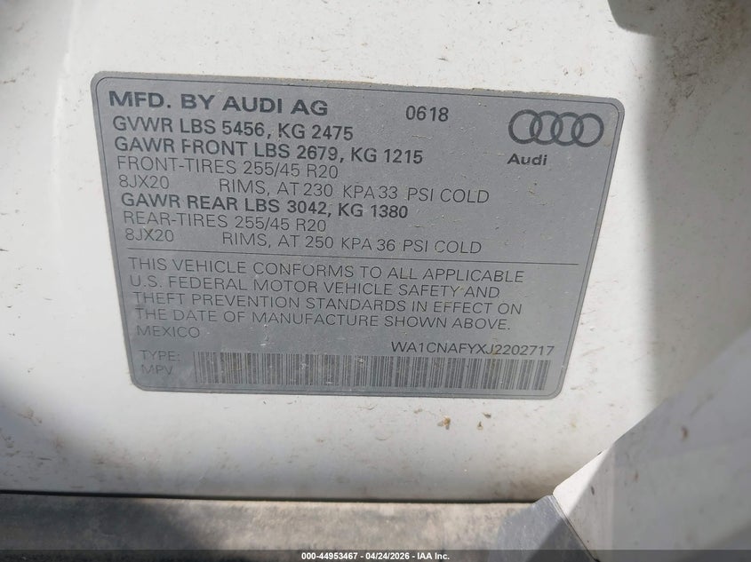 2018 Audi Q5 2.0T Premium/2.0T Tech Premium VIN: WA1CNAFYXJ2202717 Lot: 44953467