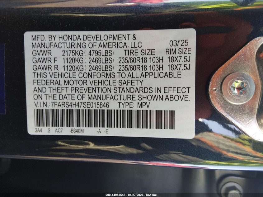 HONDA CR-V 2025 VIN 7FARS4H47SE015846