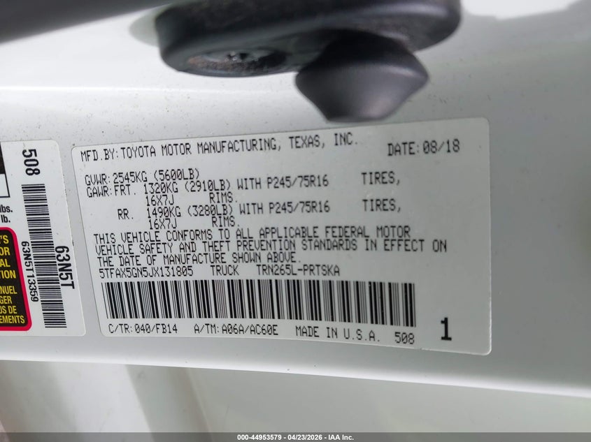 2018 Toyota Tacoma Sr VIN: 5TFAX5GN5JX131805 Lot: 44953579