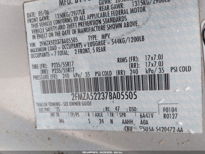 2007 Ford Freestar Sel VIN: 2FMZA52237BA05505 Lot: 44953616