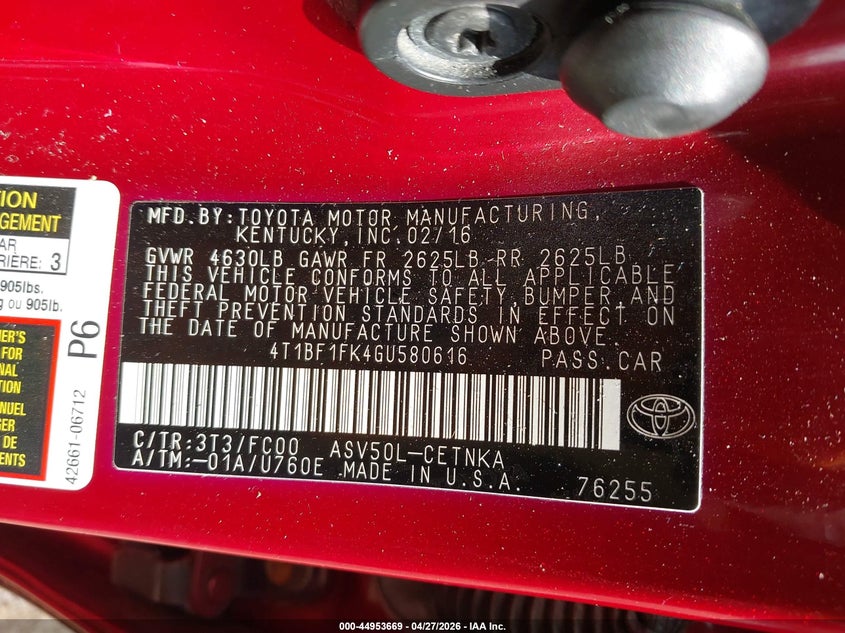 TOYOTA CAMRY 2016 VIN 4T1BF1FK4GU580616