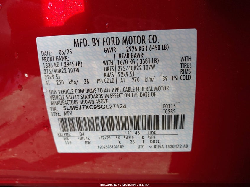 2025 Lincoln Aviator Reserve VIN: 5LM5J7XC9SGL27124 Lot: 44953677