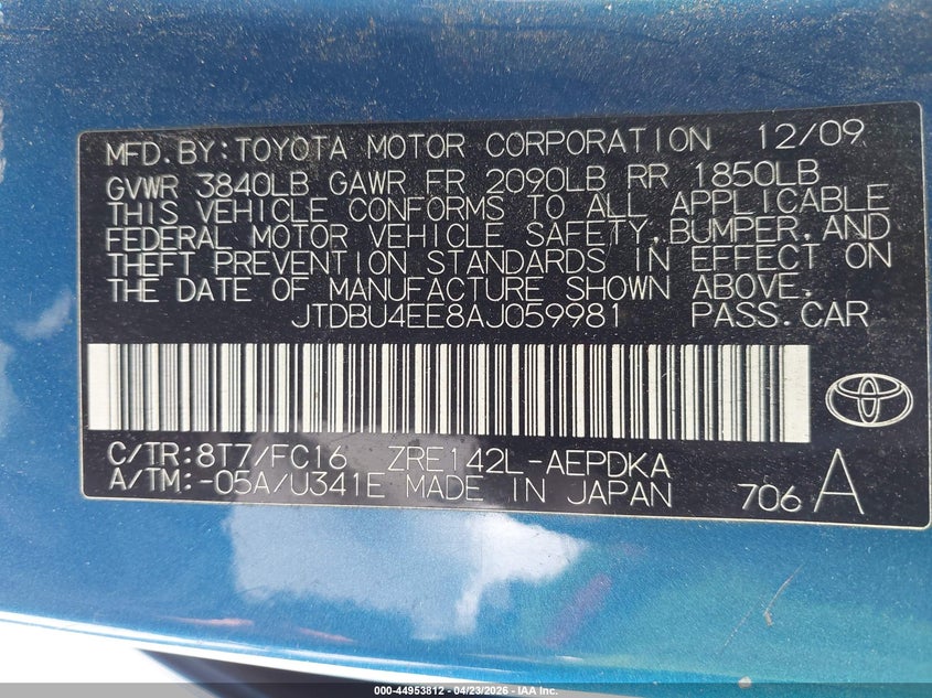 2010 Toyota Corolla Le VIN: JTDBU4EE8AJ059981 Lot: 44953812