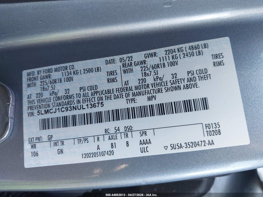 2022 Lincoln Corsair Standard VIN: 5LMCJ1C93NUL13675 Lot: 44953813