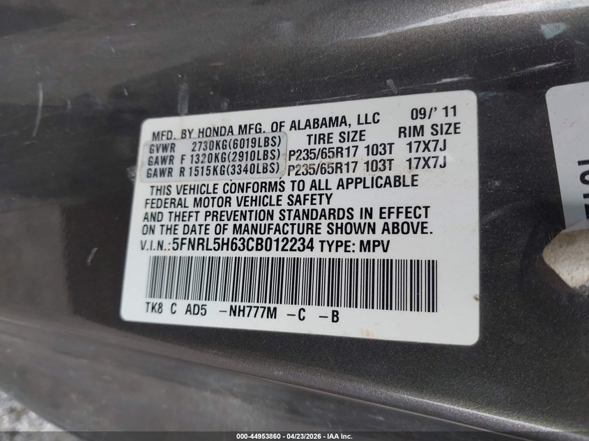 2012 Honda Odyssey 3.5 Ex-L grey Lot 111044953860 Vin 5FNRL5H63CB012234