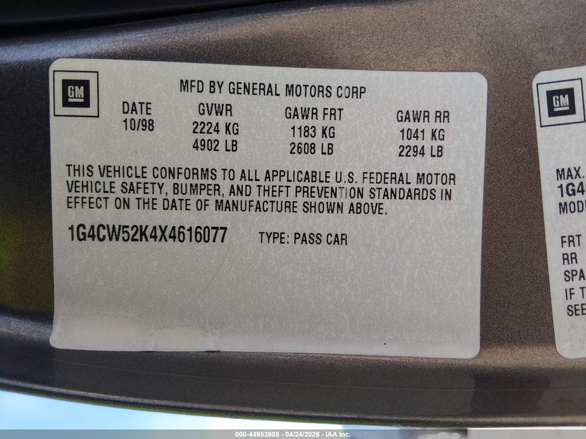 1999 Buick Park Avenue VIN: 1G4CW52K4X4616077 Lot: 44953908