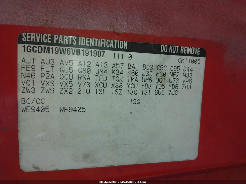 1997 Chevrolet Astro VIN: 1GCDM19W6VB191907 Lot: 44953938