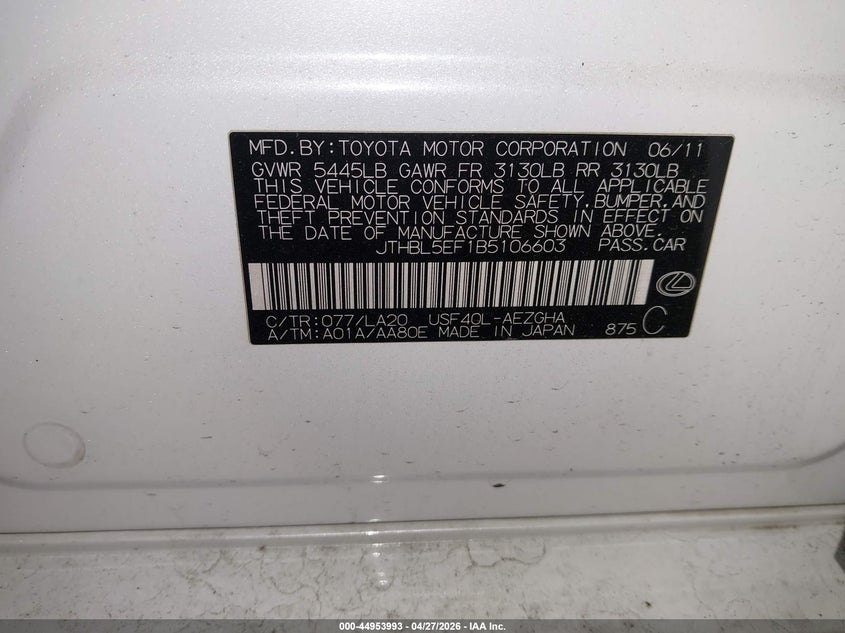 2011 LEXUS LS SEDAN 4.6L V-8 DI, DOHC, VVT, 380HP