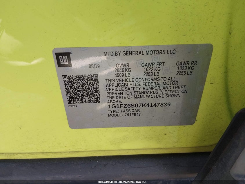 2019 Chevrolet Bolt Ev Premier VIN: 1G1FZ6S07K4147839 Lot: 44954033