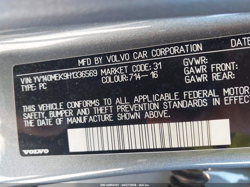 2017 Volvo V60 T5 Premier VIN: YV140MEK9H1336569 Lot: 44954101