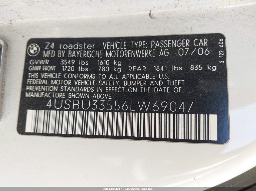 2006 BMW Z4 3.0I VIN: 4USBU33556LW69047 Lot: 44954247