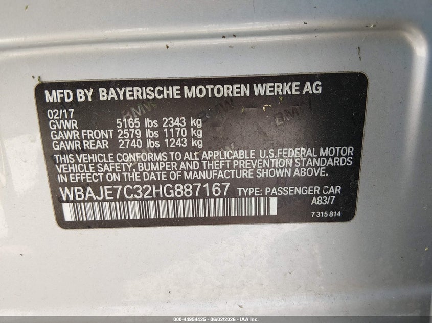2017 BMW 540I xDrive VIN: WBAJE7C32HG887167 Lot: 44954425