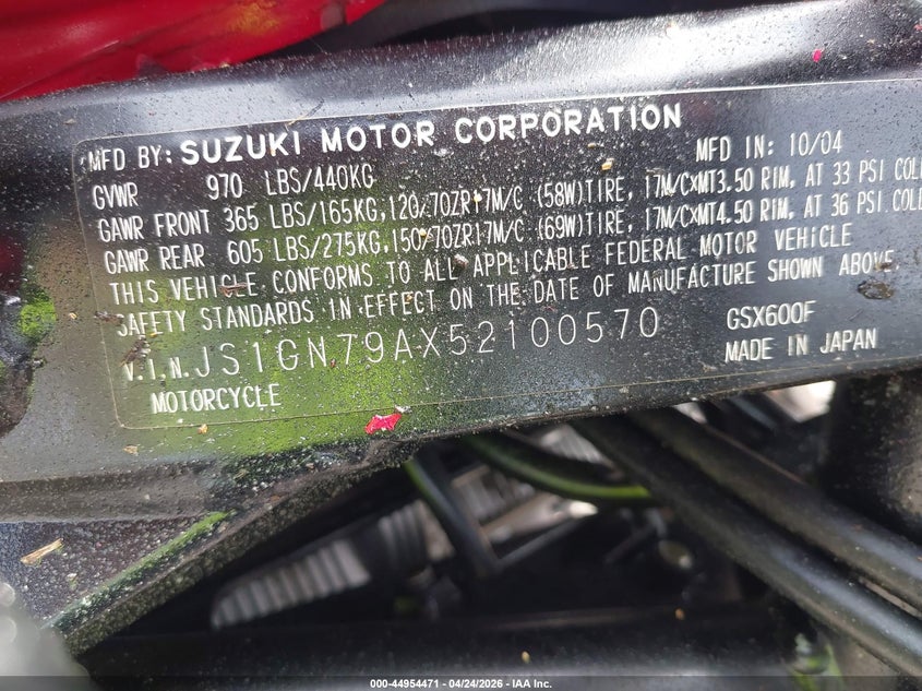 2005 Suzuki Gsx600 F VIN: JS1GN79AX52100570 Lot: 44954471