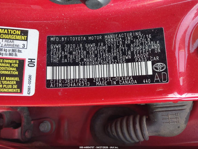 VIN 2T1BURHE5HC822165 2017 TOYOTA COROLLA SE