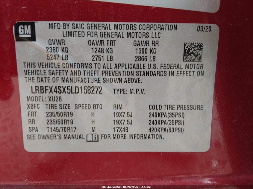 VIN: LRBFX4SX5LD158272 2020 BUICK ENVISION AWD PREMIUM II