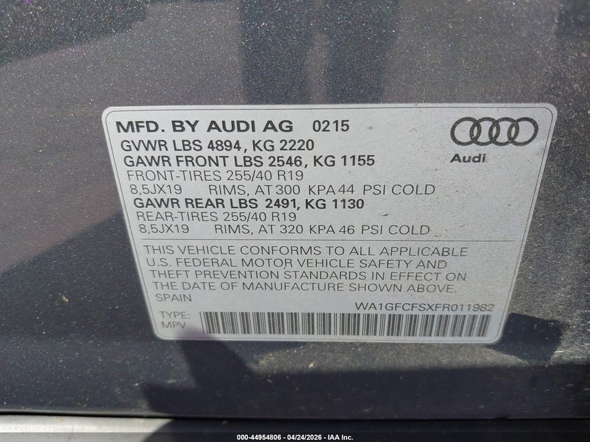 2015 Audi Q3 2.0T Premium Plus VIN: WA1GFCFSXFR011982 Lot: 44954806