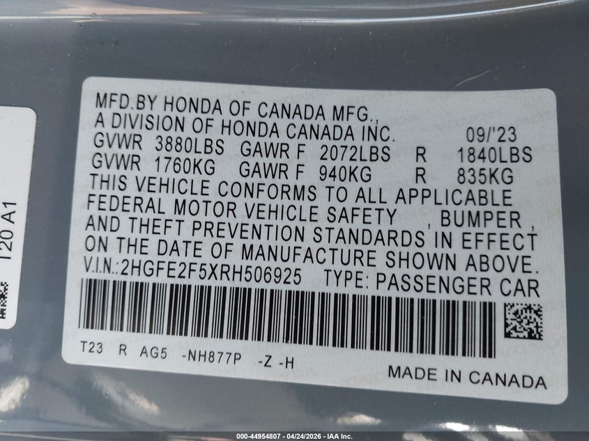 VIN 2HGFE2F5XRH506925 2024 HONDA CIVIC SPORT