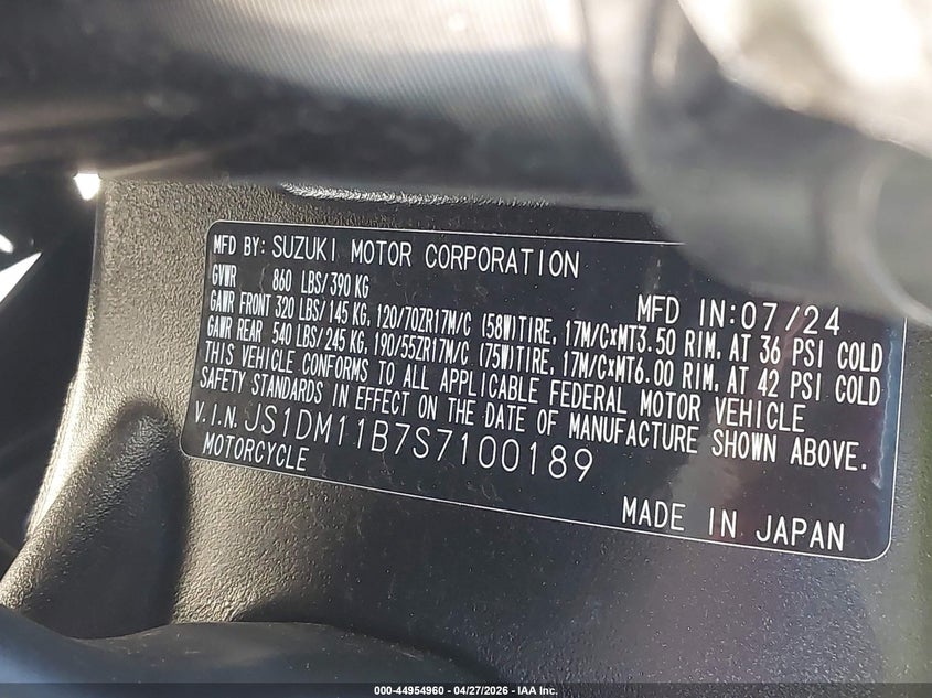 2025 Suzuki Gsx-R1000 VIN: JS1DM11B7S7100189 Lot: 44954960