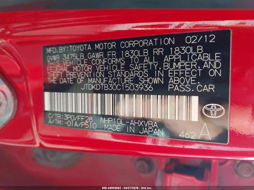 2012 Toyota Prius C Two VIN: JTDKDTB30C1503936 Lot: 44955062
