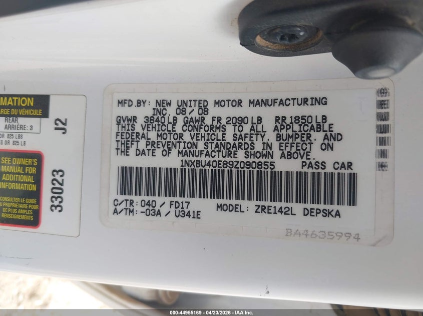 2009 Toyota Corolla S VIN: 1NXBU40E89Z090855 Lot: 44955169