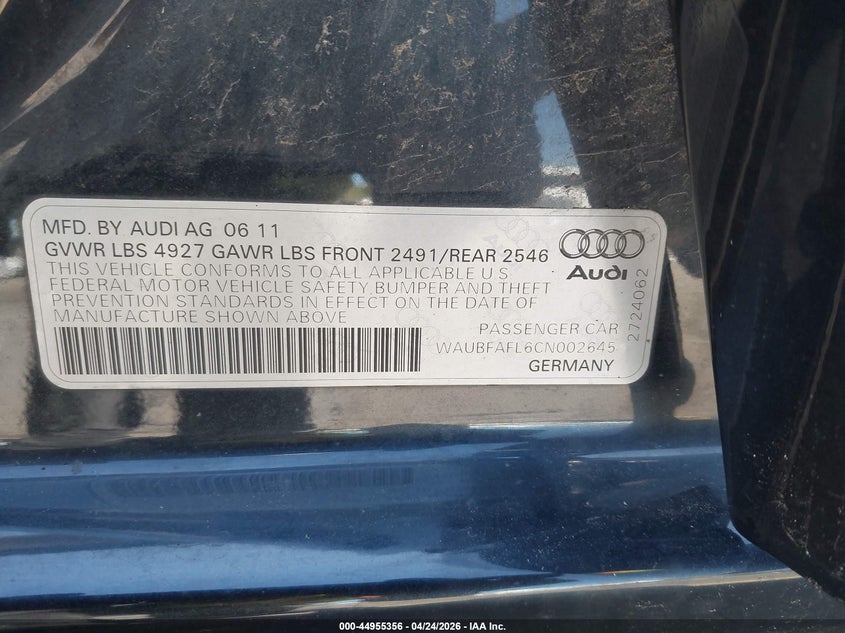 2012 Audi A4 2.0T Premium VIN: WAUBFAFL6CN002645 Lot: 44955356