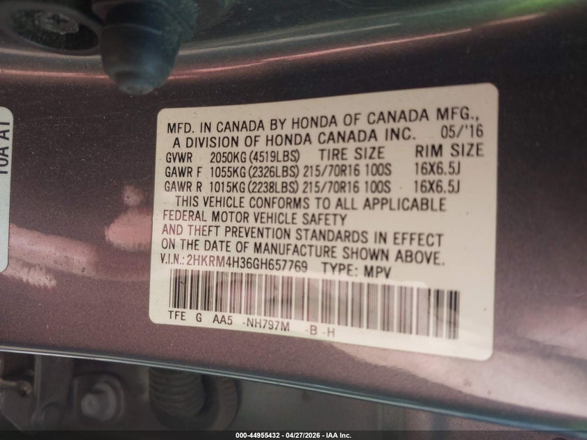2016 HONDA CR-V SPORT UTILITY VEHICLE 2.4L I-4 DI, DOHC, VVT, 185HP