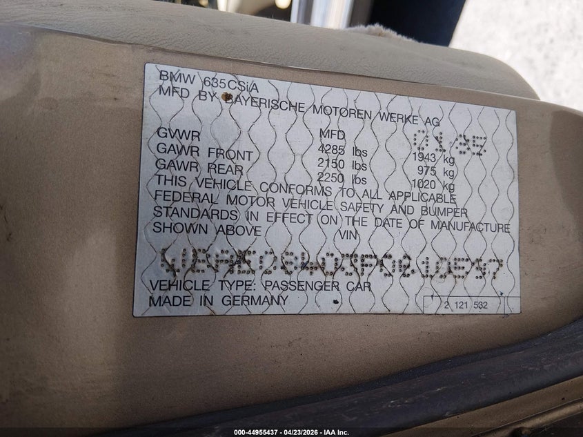 1985 BMW 635 Csi Automatic VIN: WBAEC8403F0610597 Lot: 44955437