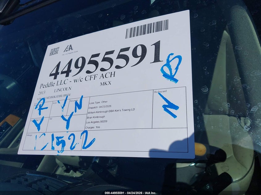 2013 Lincoln Mkx VIN: 2LMDJ8JK0DBL08934 Lot: 44955591