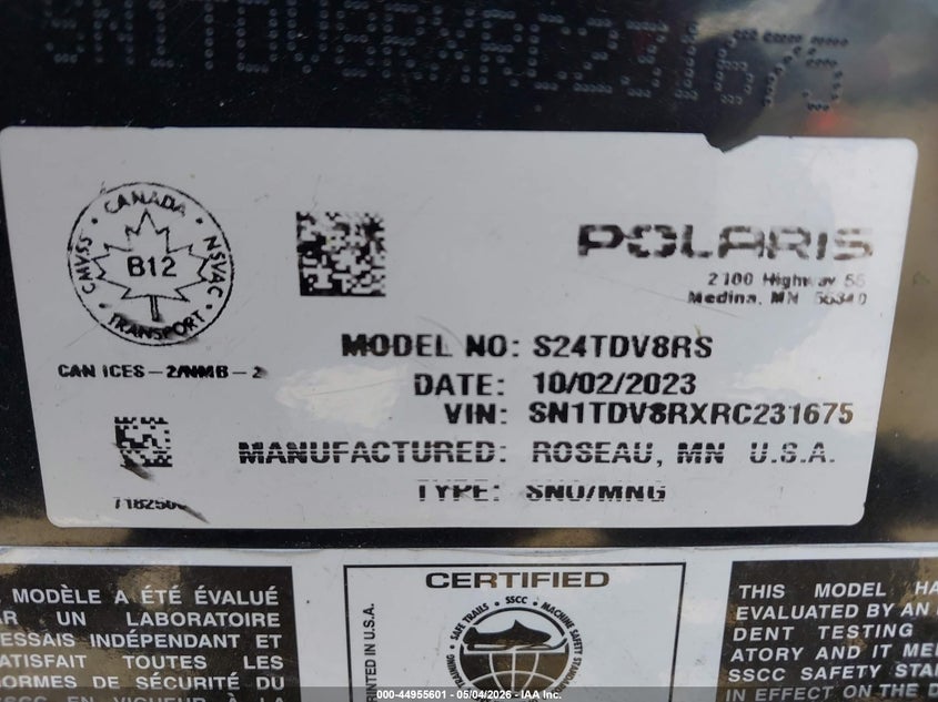 2024 Polaris Indy Xcr Black Lot 111044955601 Vin SN1TDV8RXRC231675