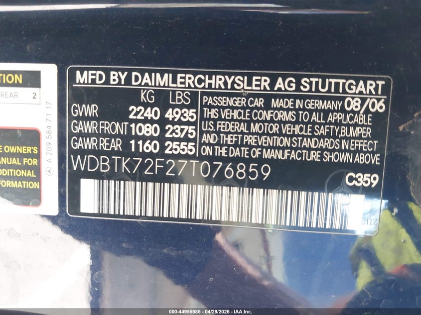 2007 Mercedes-Benz Clk 550 VIN: WDBTK72F27T076859 Lot: 44955985