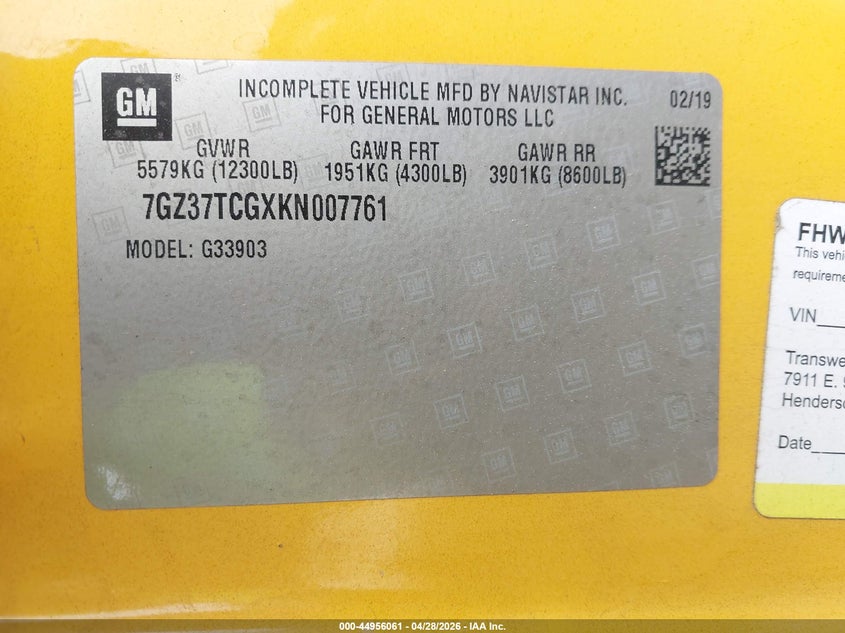 2019 Gmc Savana Cutaway Work Van Yellow Lot 111044956061 Vin 7GZ37TCGXKN007761