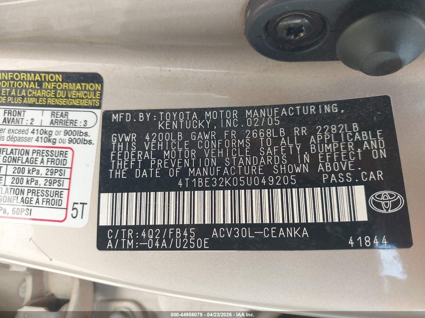 2005 Toyota Camry Std VIN: 4T1BE32K05U049205 Lot: 44956079