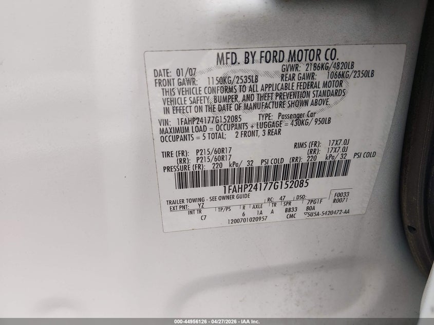 2007 Ford Five Hundred Sel VIN: 1FAHP24177G152085 Lot: 44956126