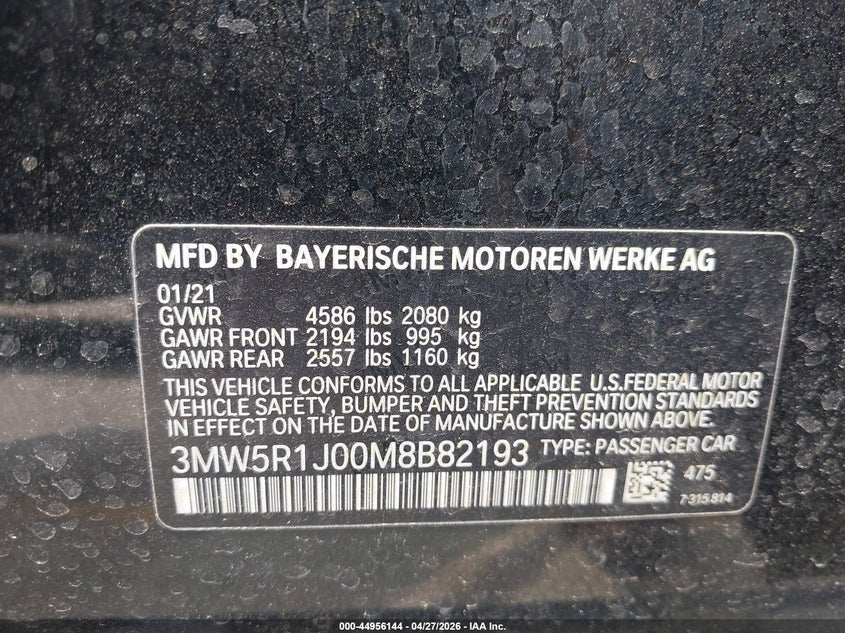 2021 BMW 330I VIN: 3MW5R1J00M8B82193 Lot: 44956144
