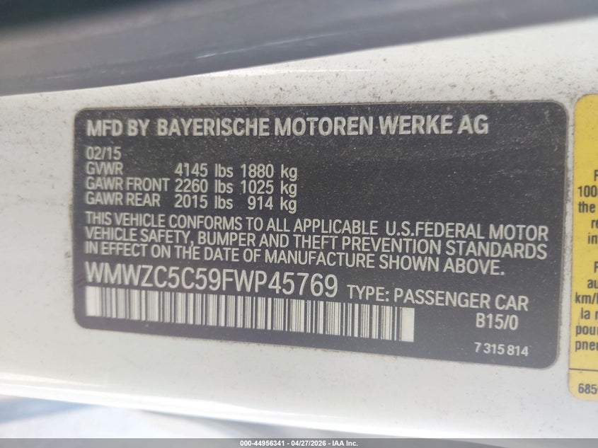 2015 Mini Countryman Cooper S VIN: WMWZC5C59FWP45769 Lot: 44956341
