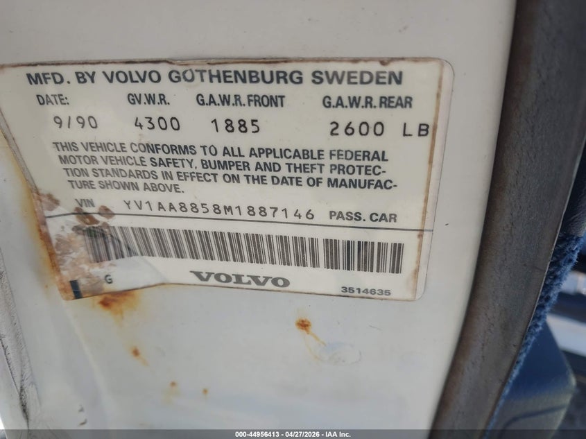1991 Volvo 240 Se VIN: YV1AA8858M1887146 Lot: 44956413